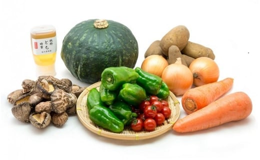 期間限定(6月〜12月発送)野菜セット　7品から8品（はちみつ、乾しいたけ、旬の野菜などの詰合せ）