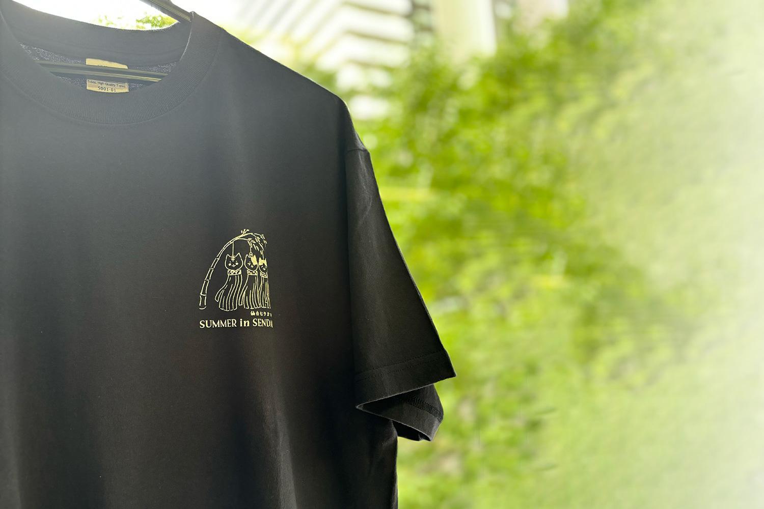 仙台・宮城の観光Tシャツ　「猫に七夕」Tシャツ　Lサイズ　［S-04］