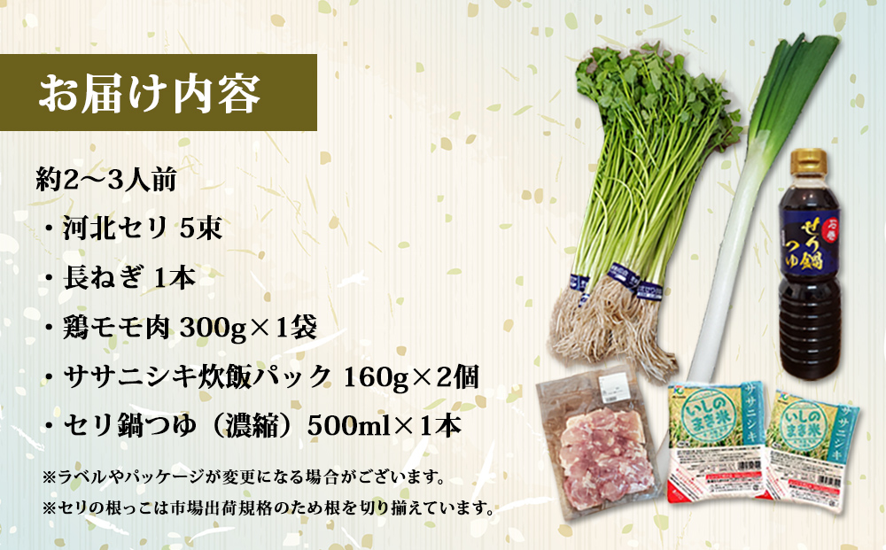 【11月5日発送】せり鍋 セット 2-3人前　せり 長ねぎ パックご飯 スープ 鶏肉 セリ セリ鍋 河北せり 野菜 鍋