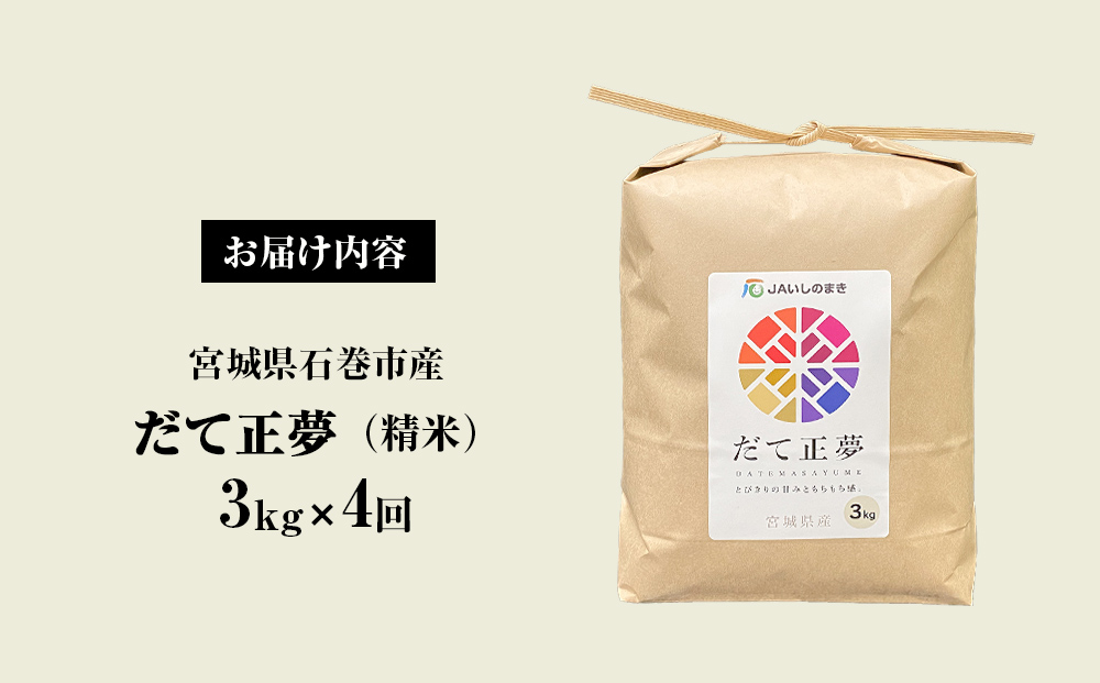 ＜定期便4回・毎月発送＞ 令和6年 だて正夢 いしのまき産米 精米 12kg 3kg×4回