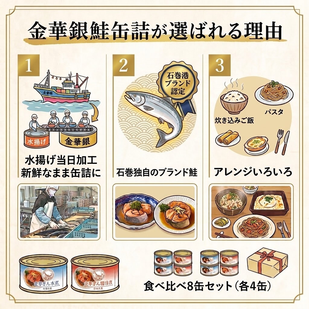 銀鮭 缶詰 食べ比べ セット 水煮 醤油煮 さけ しゃけ 鮭 サケ 金華ぎん おかず キャンプ アウトドア 便利 お手軽 簡単レシピ ご飯のお供 家飲み ギフト 地域の味 木の屋石巻水産 常温保存 防災 備蓄