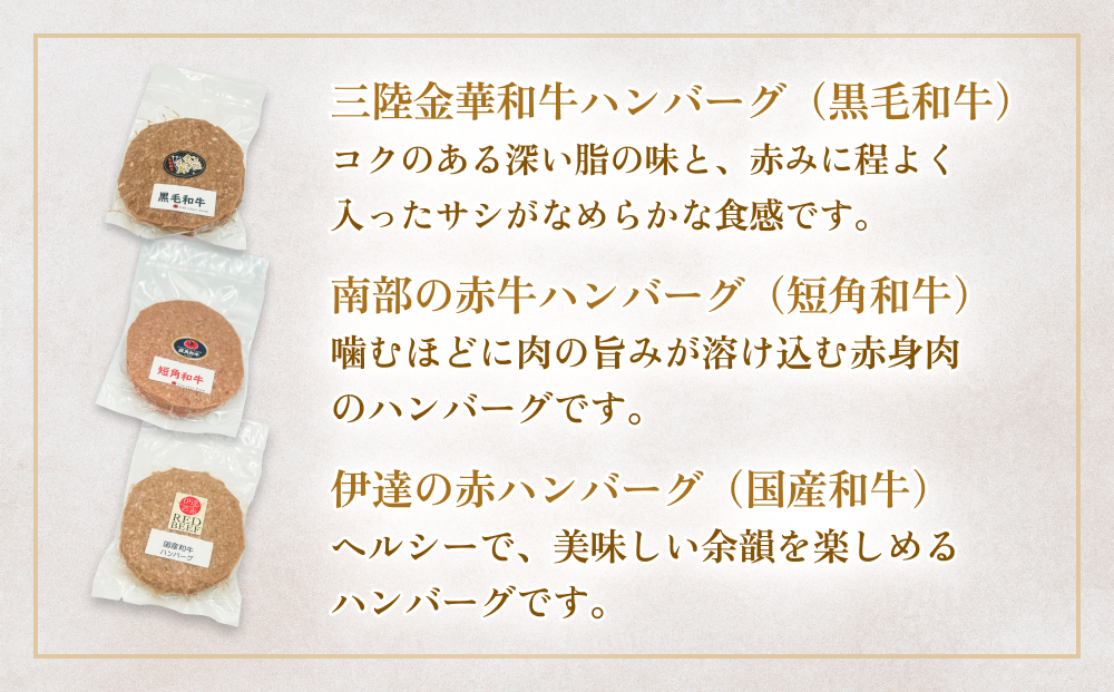 黒毛和牛 三陸金華和牛 南部の赤牛 伊達の赤 和牛ハンバーグ 3種 各200g×1 食べ比べ セット　赤身 国産 美味しい 使いやすい 肉 お肉 おかず 冷凍