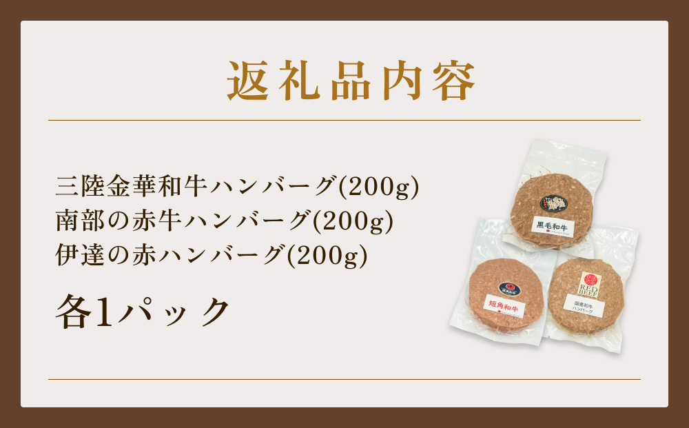 黒毛和牛 三陸金華和牛 南部の赤牛 伊達の赤 和牛ハンバーグ 3種 各200g×1 食べ比べ セット　赤身 国産 美味しい 使いやすい 肉 お肉 おかず 冷凍