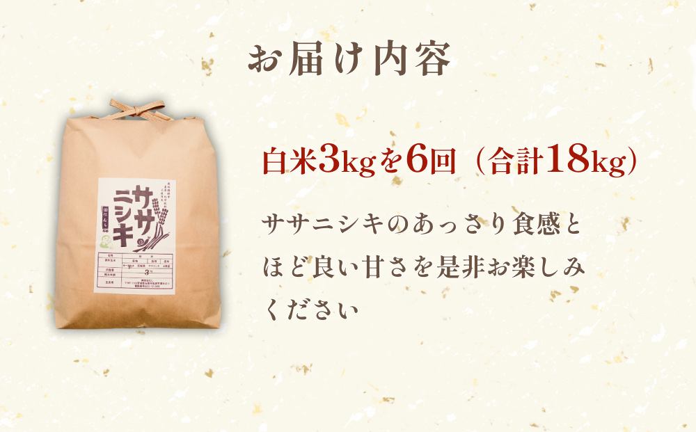 特別栽培米 ササニシキ 白米 3kg × 6回 定期便 （合計18kg）