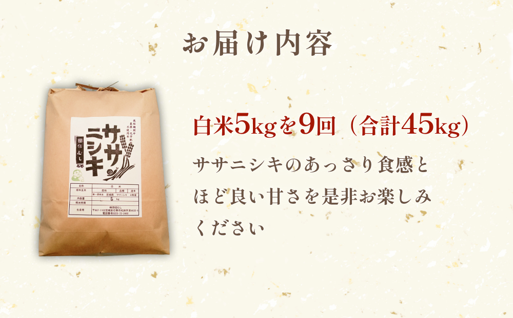 特別栽培米 ササニシキ 白米 5kg × 9回 定期便 （合計45kg）