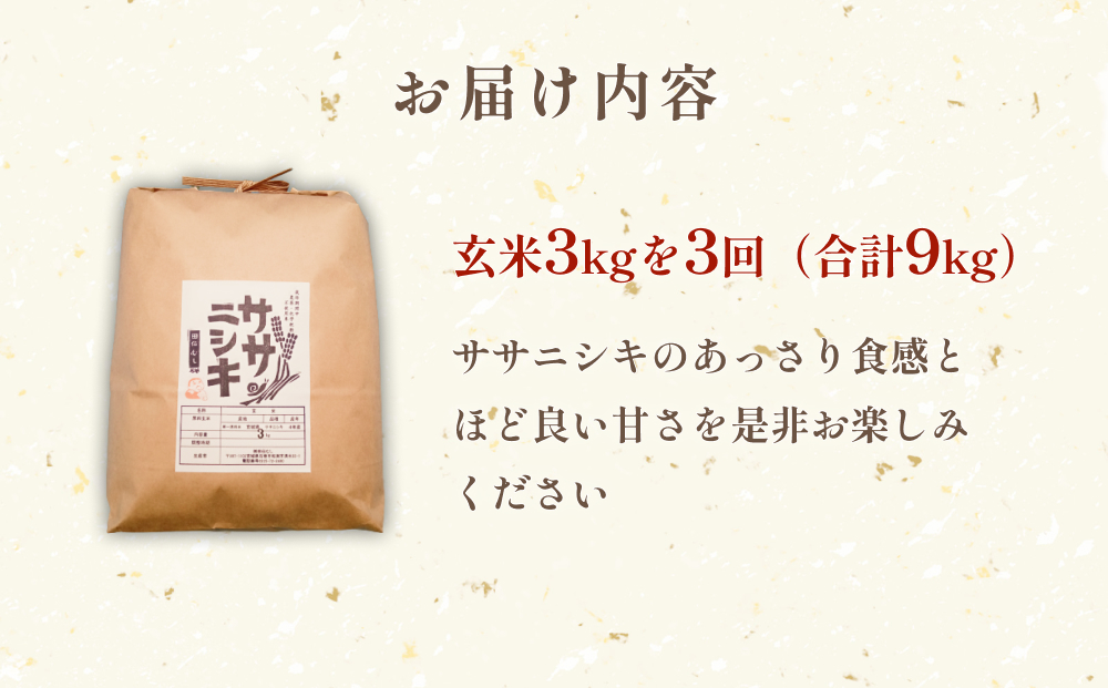 特別栽培米 ササニシキ 玄米 3kg × 3回 定期便 （合計9kg）