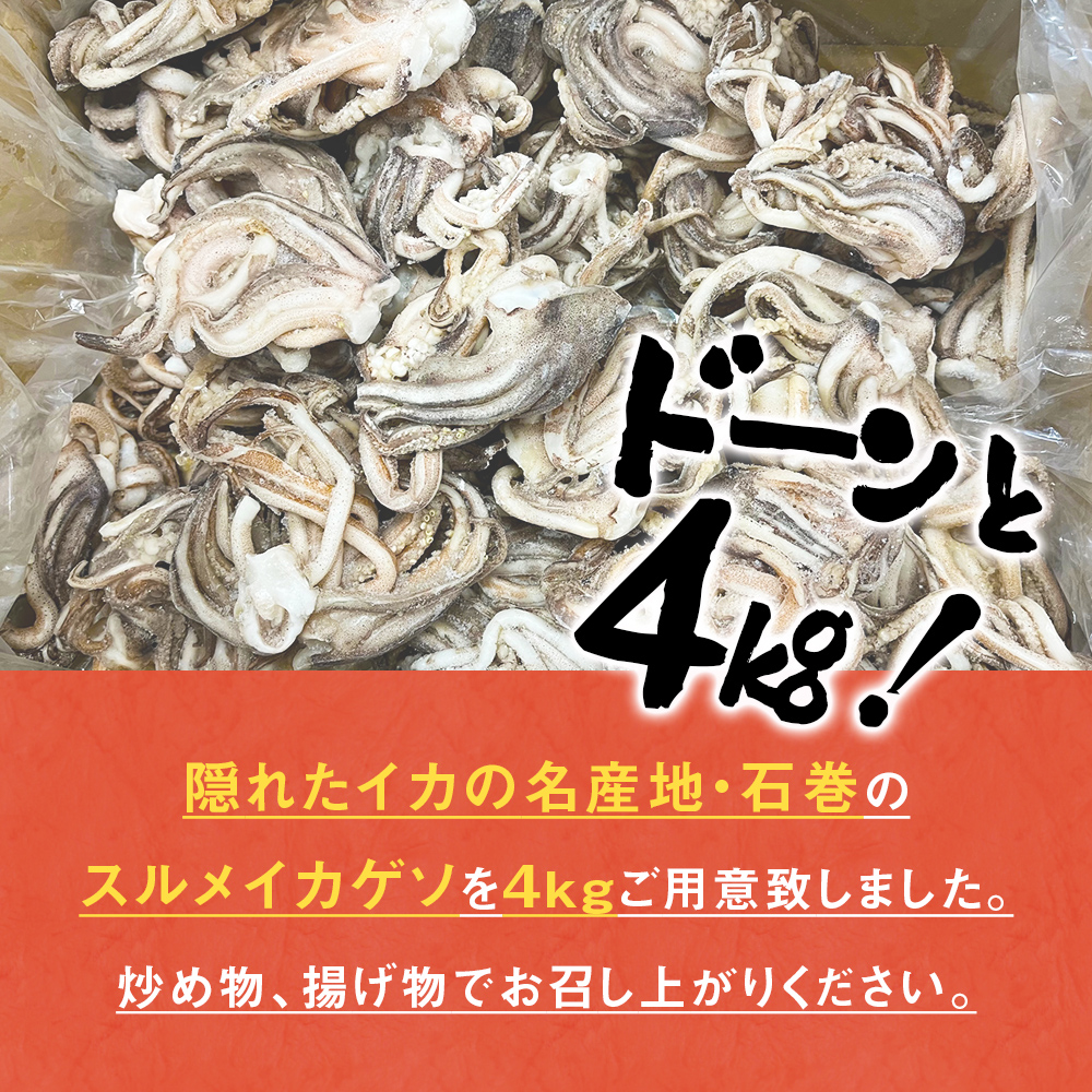 訳あり 石巻産スルメイカゲソ 4kg 4月配送 冷凍 国産 いか 下足 おつまみ ゲソ天 焼イカ おかず