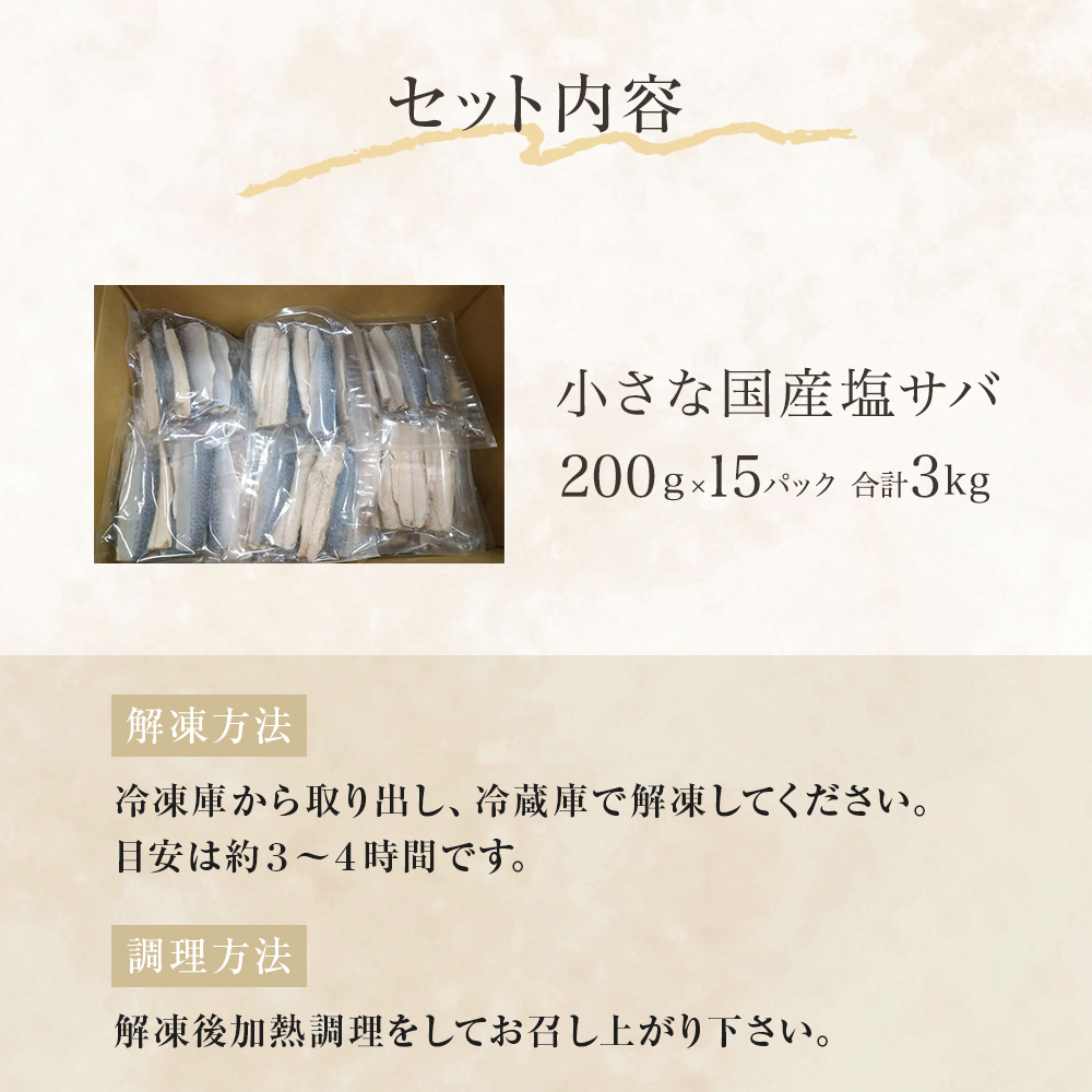 小さな 国産 塩サバ 3kg ( 200g × 15パック ) 冷凍 サバ 鯖 魚 青魚 塩さば 切り身 ご家庭用 焼き魚 焼魚 おかず お弁当 焼くだけ 簡単調理 サバ フィレ 鯖フィレ サバフィーレ 切身 宮城県 石巻 石巻市