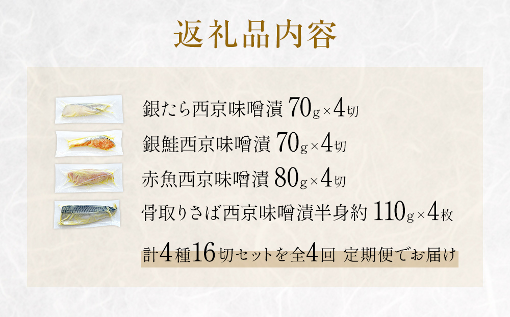 定期便 全4回 老舗の西京漬け詰め合わせ（ 銀たら・銀鮭・骨取りサバ・赤魚 ）4種16入 セット