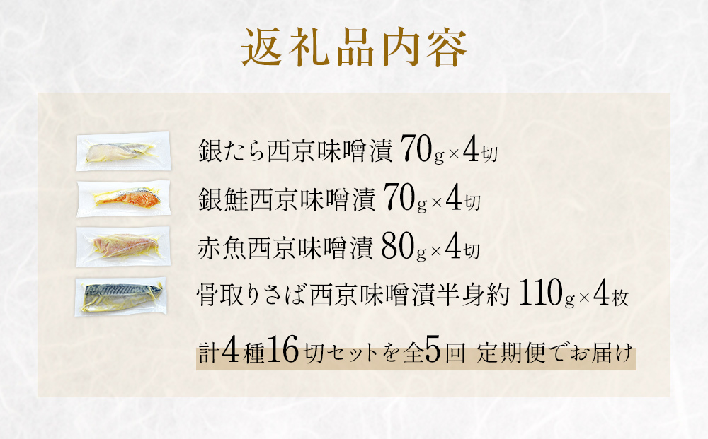 定期便 全5回 老舗の西京漬け詰め合わせ（ 銀たら・銀鮭・骨取りサバ・赤魚 ）4種16入 セット