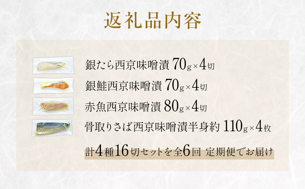 定期便 全6回 老舗の西京漬け詰め合わせ（ 銀たら・銀鮭・骨取りサバ・赤魚 ）4種16入 セット
