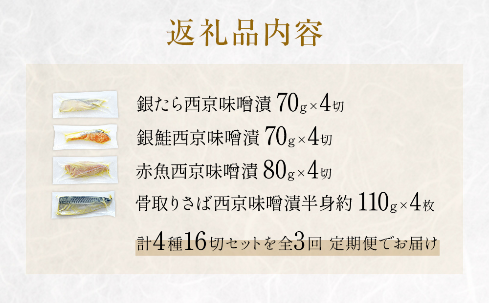 定期便 全3回 老舗の西京漬け詰め合わせ（ 銀たら・銀鮭・骨取りサバ・赤魚 ）4種16入 セット