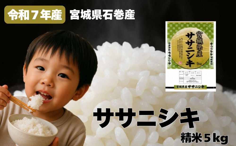 米 令和7年産 ササニシキ 精米 5kg お米 ごはん ご飯 飯 5キロ 単一銘柄米 主食 こめ コメ 家庭用 美味しい ブランド米 あっさり 食感 ささにしき おにぎり おかゆ 送料無料 宮城県 石巻 石巻市 防災減災
