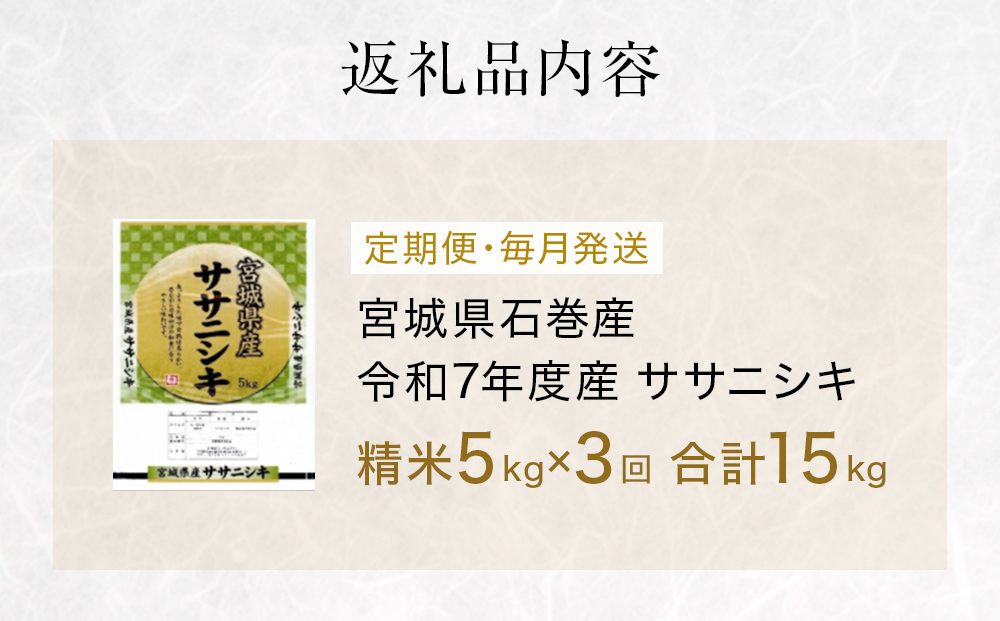 毎月定期便　ササニシキ精米5kg　令和7年度産　全3回