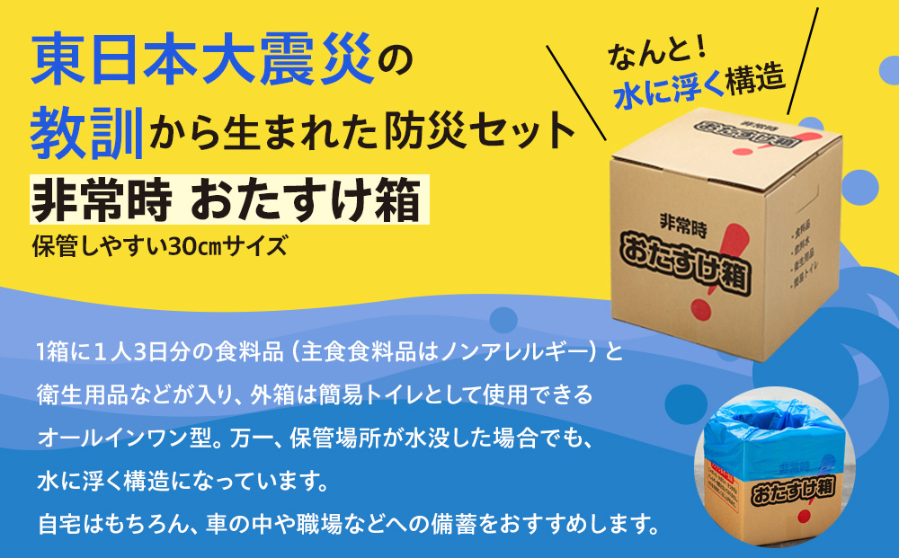 防災グッズ 非常時 おたすけ箱（1人3日分）3箱 防災グッズ 防災セット トイレ 水 備蓄 非常用 簡易 非常食 生活関連水 簡易トイレ 防災食 非常時持ち出し 避難グッズ 5年保存 長期保存 災害 石巻 宮城県 石巻市 送料無料 防災減災