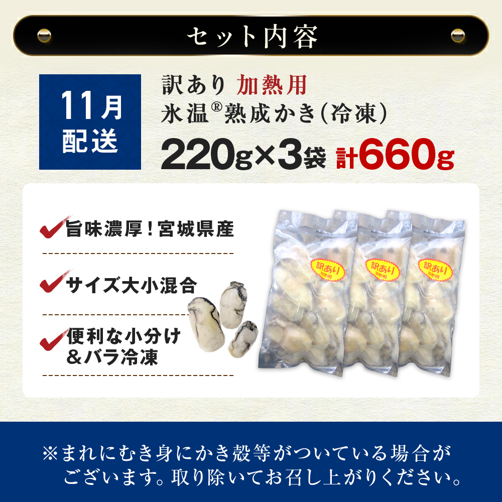 【11月配送】牡蠣 訳あり 氷温熟成 冷凍 （加熱用・サイズ不揃い） 220ｇ × 3パック 牡蠣 カキ まるたか水産