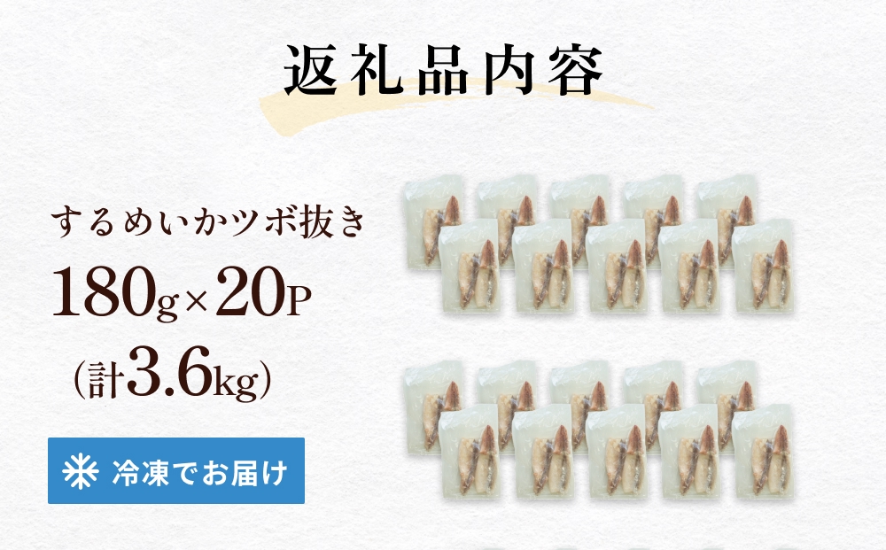 訳あり 石巻産 柔らか するめいか ツボ抜き 180g × 20P スルメイカ いか イカ 烏賊 不揃い 小分け 下処理済み 時短調理 こだわり 冷凍 海鮮 魚介 おかず おつまみ 煮物 焼きイカ BBQ バーベキュー 宮城県 石巻市