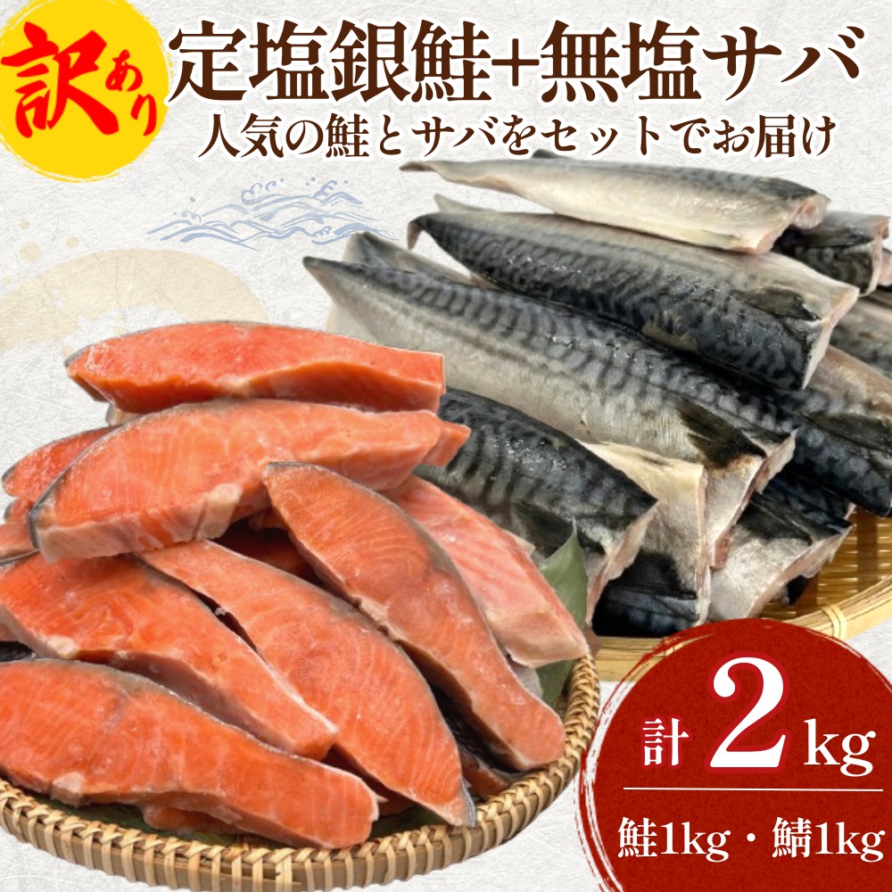 《訳あり》  定塩銀鮭 約 1kg  / 無塩サバフィレ 約 1kg 切り身 セット 合計 2kg 食べ比べ 詰め合わせ 鮭 サバ 塩鮭 甘塩 無塩さば おかず お弁当 切身 焼き魚 宮城県 石巻市 