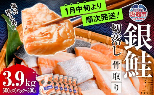 鮭 切り落とし 骨取り 銀鮭 冷凍 小分け うす塩 3.9kg (600g×6パック＋300g) ｜ 切り身 切落し サーモン さけ サケ シャケ 塩鮭 塩さけ 魚 朝ごはん おかず 骨なし 骨抜き 便利 お弁当 海産物 魚介 家庭用 弁当 銀鮭切り身 人気 ランキング 宮城県 塩竈市 塩釜水産食品 5402183-kh02