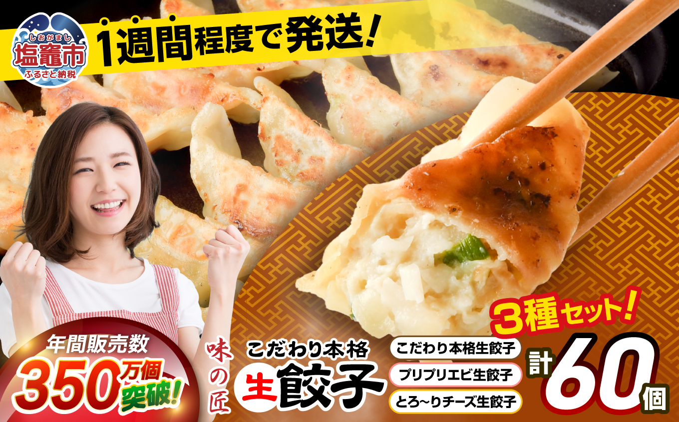 本格 生餃子 3種類 詰め合わせ 計60個（12人前） エビ 餃子 チーズ 餃子 冷凍餃子 冷凍食品 おかず おつまみ 手作り餃子 味の匠 5402225