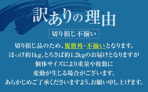 【訳あり】 真ホッケ 1kg (4～6枚入り) ･ とろさば (1.2kg前後) セット | 訳アリ 開き干し 規格外 冷凍 不揃い 傷もの 熟成 ひもの 魚 ホッケ | さば 塩サバ 切身 干し 干物 さば とろ 魚介 海産物 塩竈市 宮城県 間宮商店 / mm00019