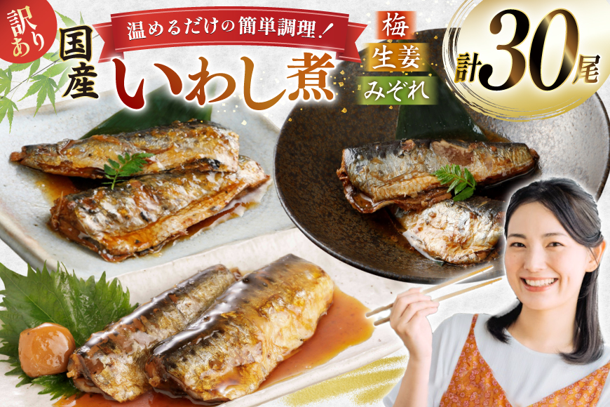 訳あり 業務用 いわし煮魚 3種 ×10尾 計30尾入 約1.5kg 簡易包装 [カネダイ 宮城県 気仙沼市 20565562] 魚 魚介 煮魚 国産 生姜煮 梅肉煮 みぞれ煮 おかず 焼き魚 簡単 時短 訳アリ 冷凍