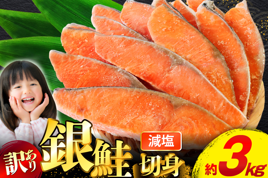 訳あり 無添加 減塩 塩銀鮭 切身 総重量 3kg [足利本店 宮城県 気仙沼市 20565551] 魚 魚介類 サーモン 鮭 海鮮 魚介 甘塩味 塩分控えめ さけ サケ 鮭切身 シャケ 切り身 銀鮭切り身 簡易包装 規格外 不揃い 家庭用 冷凍