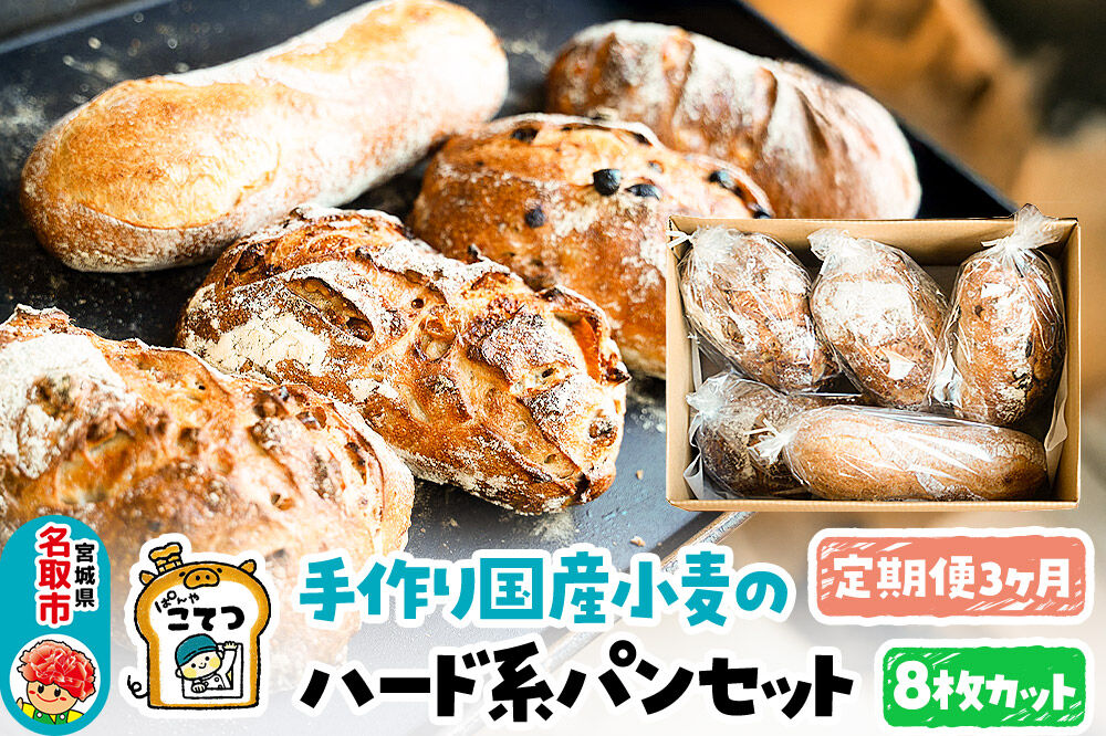 【定期便3ヶ月】名取 閖上 の ぱんやこてつ 手作り 国産小麦のハード系パンセット 8枚カットしてお届け