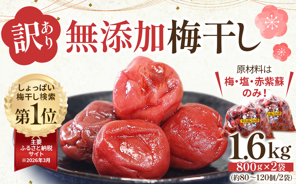 ＜訳あり＞宮城県角田産【無添加】まごころ手作り梅干し1.6kg（800g×2）｜梅干し 田舎の梅干し すっぱい 訳あり 梅干 うめぼし