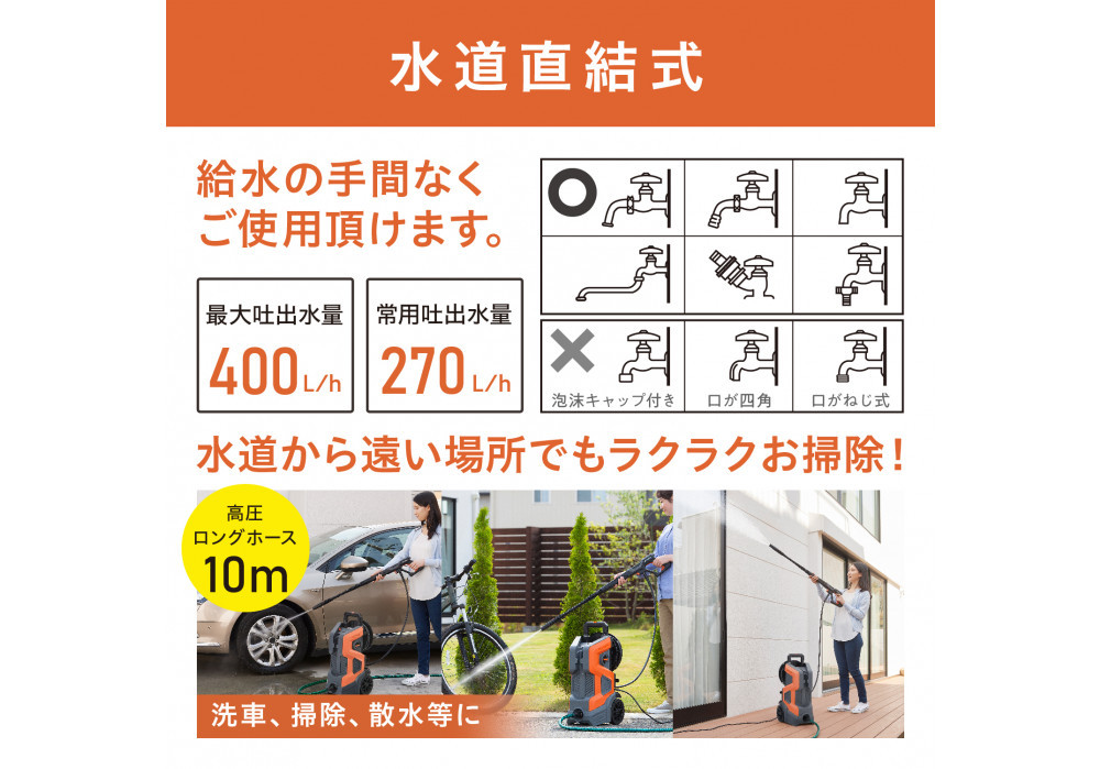 高圧洗浄機 洗浄機 高圧 アイリスオーヤマ オレンジ 持ち運びができる2輪キャスター付き 静音 外壁 玄関 庭 バルコニー ベランダ 洗車 車 水圧 クリーナー 高圧 噴射 洗車 網戸 おすすめ 人気 アイリス  FBN-702-D オレンジ