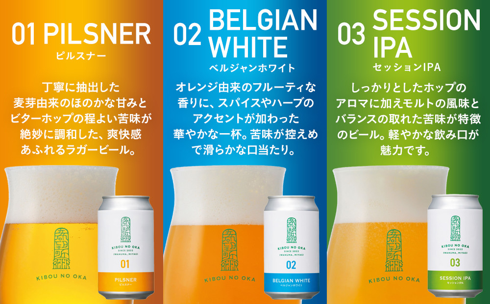 【希望の丘醸造所】 クラフトビール3種（ピルスナー・ベルジャンホワイト・セッションIPA各350ml）セット