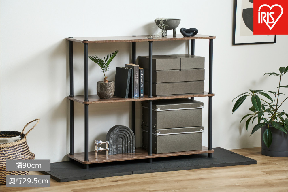 組立簡単スチールポールラック ３段ワイドラック SPRｰ3R900 ウォールナット/ブラック