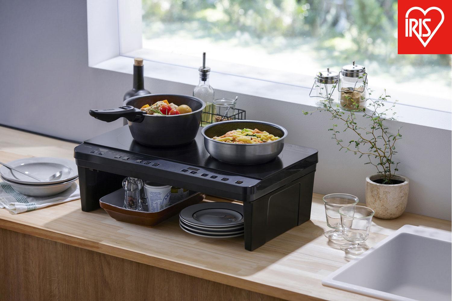 IHコンロ 2口 IHコンロスタンド付き 1400W アイリスオーヤマ コンパクト設計 火力6段階 設置簡単 工事不要 経済的 安全機能 IHK-WT41S-B