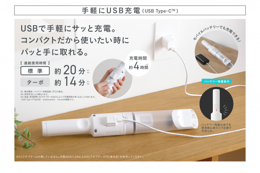 充電式ハンディクリーナー HCD-23-W ホワイト 掃除機 ハンディクリーナー 小型 コードレス 車 強力 パワフル吸引 軽量 スリム コンパクト 充電式