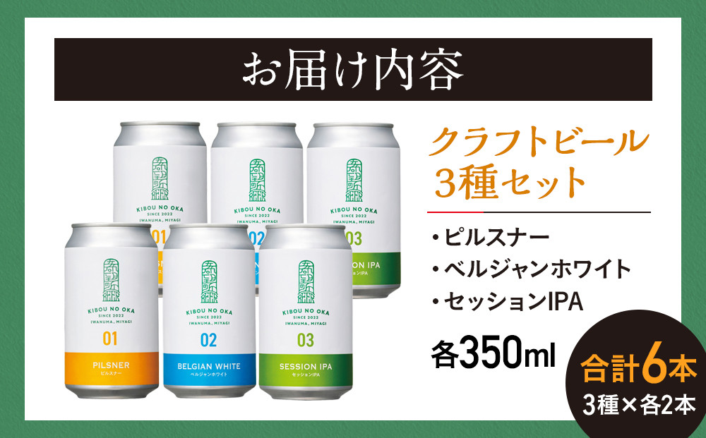 【希望の丘醸造所】 クラフトビール3種 各2本（ピルスナー・ベルジャンホワイト・セッションIPA各350ml）計6本セット