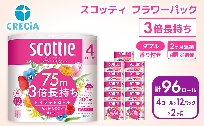 トイレットペーパー 定期便 2ヶ月 トイレット ペーパー ダブル 3倍 長持ち 4ロール入×12パック スコッティ フラワーパック 香り付き トイペ セット 節約 日用品 日用雑貨 消耗品 備蓄 備蓄品 備蓄用 防災 災害 3倍巻き 倍巻 宮城 定期 2回