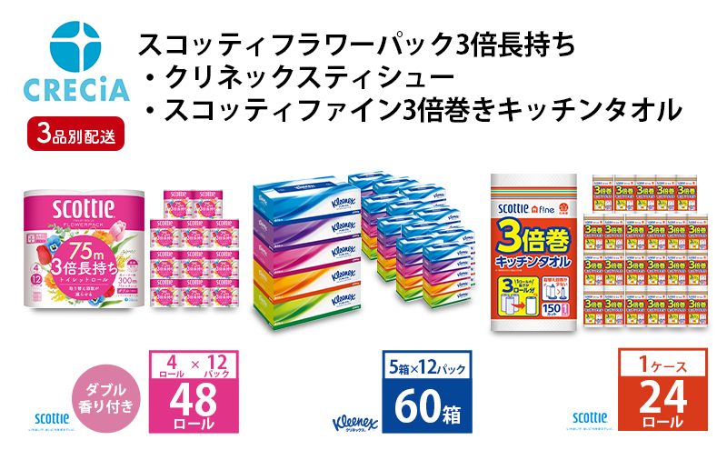 トイレットペーパー ティッシュペーパー キッチンペーパー 定期便 3品別配送 トイレット ペーパー ダブル スコッティ 48ロール + クリネックス ティッシュ 60箱 + キッチンタオル 1ケース セット 節約 日用品 宮城