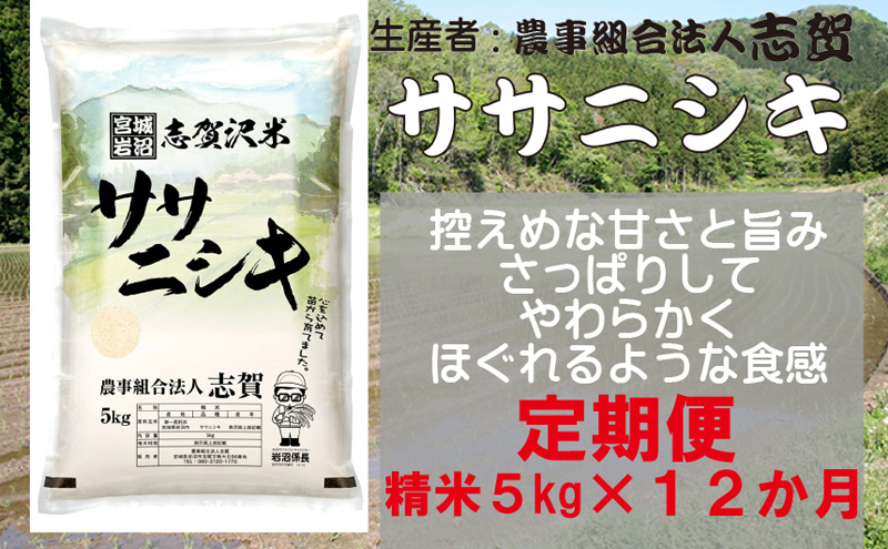 【12ヶ月定期便】宮城県岩沼市産 ササニシキ 精米5kg