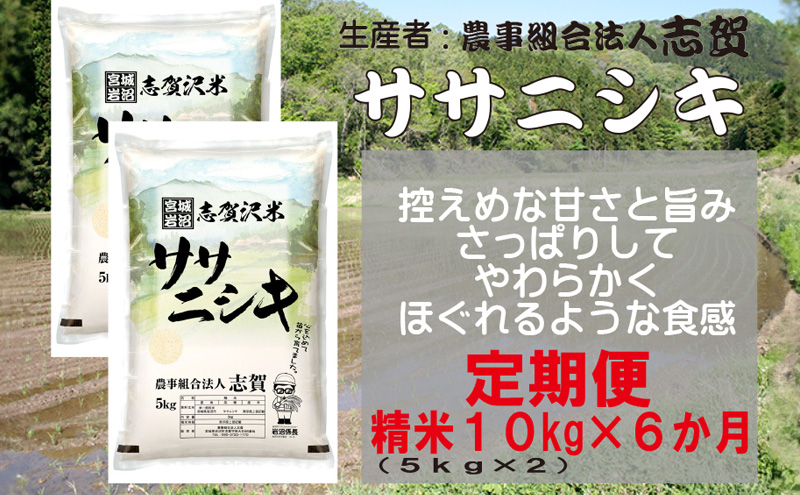 【6ヶ月定期便】宮城県岩沼市産 ササニシキ 精米10kg(5kg×2）