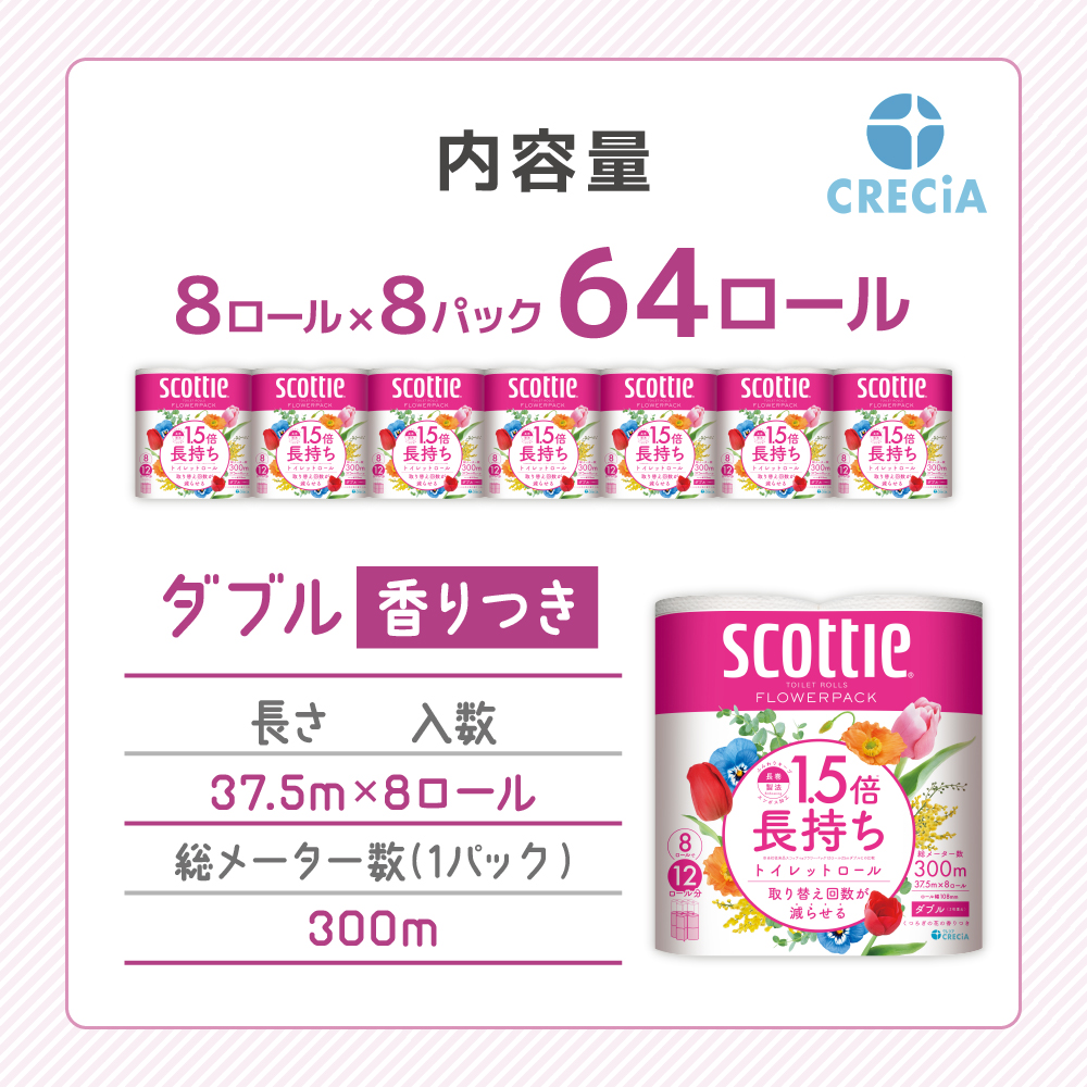 トイレットペーパー ダブル スコッティ ( 8ロール入 × 8パック ) 1.5 倍巻き フラワーパック