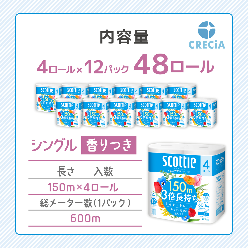 トイレットペーパー シングル 3倍 長持ち 4ロール入×12パック スコッティ フラワーパック 香り付き トイレット ペーパー トイペ セット 節約 日用品 日用雑貨 消耗品 備蓄 備蓄品 備蓄用 防災 防災グッズ 3倍巻き 倍巻 宮城 宮城県 岩沼市