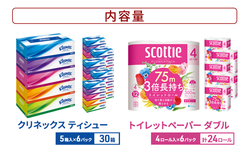 ティッシュ クリネックス ティシュー（5箱入×6パック）ボックスティッシュ ＋トイレットペーパー ダブル 3倍 長持ち （4ロール入×6パック） スコッティ フラワーパック 香り付き 3倍巻き 節約 日用品 消耗品 備蓄 備蓄品 備蓄用 防災 災害