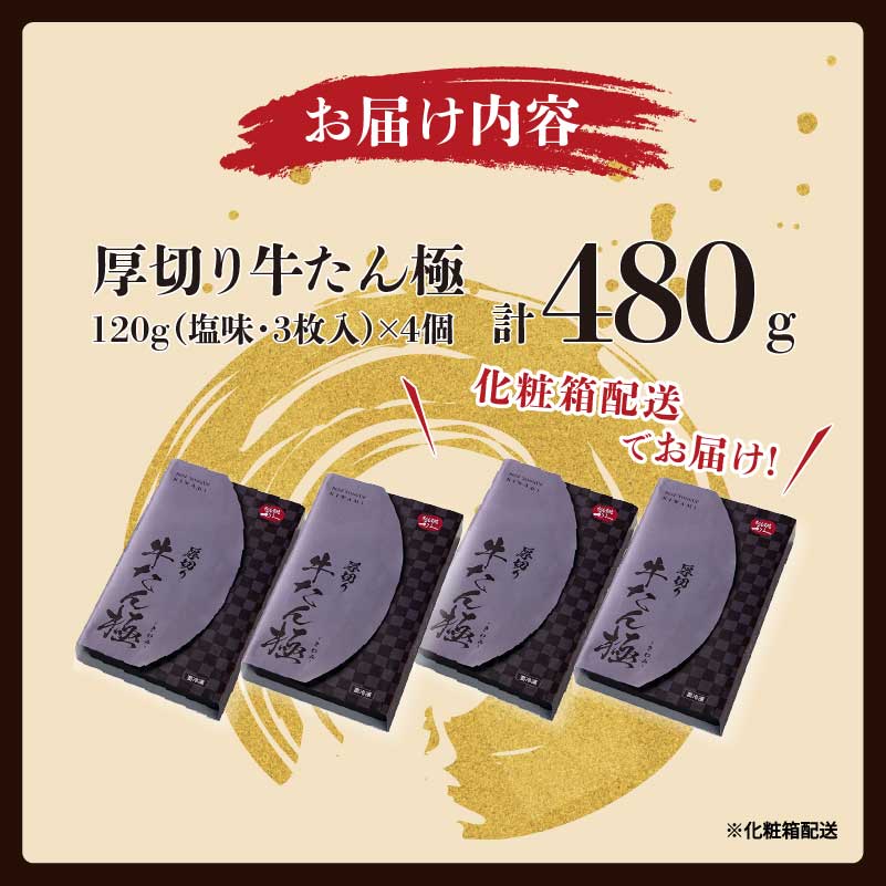 牛たん 炭焼 利久 牛たん極120g×4 計480g 計4箱 牛タン 焼肉 牛肉 塩味 牛タン塩 牛たん塩 味付き 精肉 冷凍 BBQ アウトドア バーベキュー 小分け 厚切り 贈答用