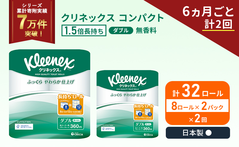 定期便 トイレットペーパー ダブル クリネックス コンパクト 1.5 倍巻き 8ロール入 × 2パック 無香料 《 6ヶ月ごと 計  2回 》