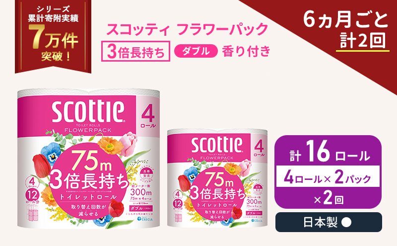 定期便 トイレットペーパー ダブル 3倍 長持ち 4ロール入×2パック スコッティ フラワーパック 香り付き《6ヶ月ごと計2回》 トイレット ペーパー セット 節約 日用品 日用雑貨 備蓄 備蓄用 防災 防災グッズ 3倍巻き 倍巻 宮城 宮城県 岩沼市