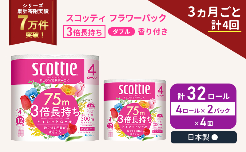 定期便 トイレットペーパー ダブル 3倍 長持ち 4ロール入×2パック スコッティ フラワーパック 香り付き《3ヶ月ごと計4回》 トイレット ペーパー セット 節約 日用品 日用雑貨 備蓄 備蓄用 防災 防災グッズ 3倍巻き 倍巻 宮城 宮城県 岩沼市
