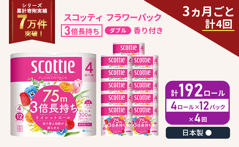 定期便 トイレットペーパー ダブル 3倍 長持ち 4ロール入×12パック スコッティ フラワーパック 香り付き《3ヶ月ごと計4回》 トイレット ペーパー 節約 日用品 日用雑貨 備蓄 備蓄用 防災 防災グッズ 3倍巻き 倍巻 宮城 宮城県 岩沼市