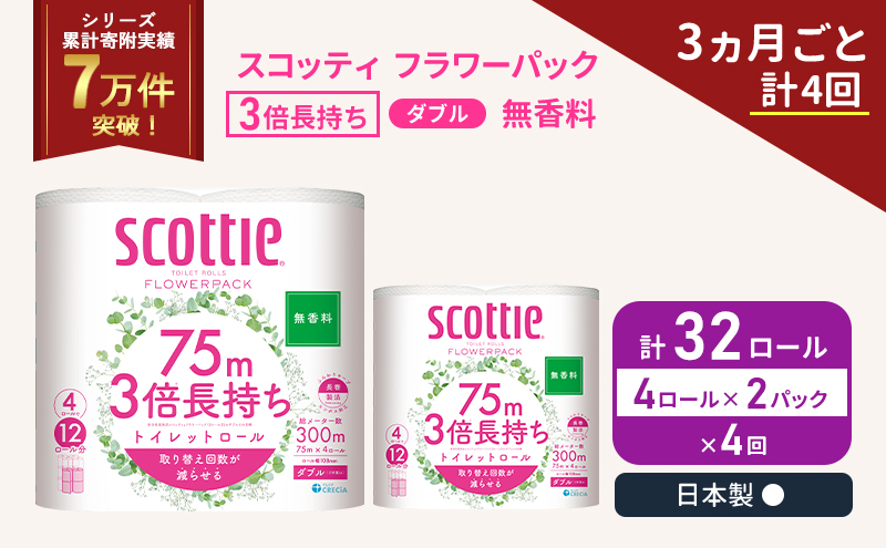 定期便 トイレットペーパー ダブル 3倍 長持ち 4ロール入×2パック スコッティ フラワーパック 無香料《3ヶ月ごと計4回》 トイレット ペーパー セット 節約 日用品 日用雑貨 備蓄 備蓄用 防災 防災グッズ 災害 3倍巻き 倍巻 宮城県 岩沼市
