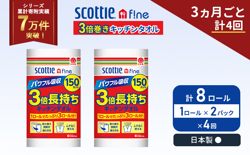 定期便 キッチンペーパー 2パック入 キッチンタオル スコッティ ファイン 1 ロール 3倍 150カット セット《3ヶ月ごと計4回》 ペーパータオル キッチン用品 節約 日用品 日用雑貨 備蓄 備蓄用 防災 災害 3倍巻き まとめ買い 宮城県 岩沼市