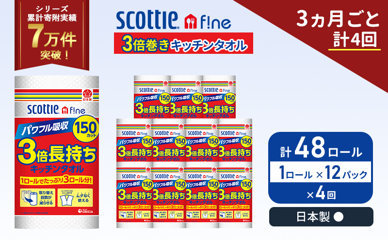定期便 キッチンペーパー 12パック入 キッチンタオル スコッティ ファイン 1 ロール 3倍 150カット セット《3ヶ月ごと計4回》 ペーパータオル キッチン用品 節約 日用品 日用雑貨 備蓄 備蓄用 防災 災害 3倍巻き まとめ買い 宮城県 岩沼市